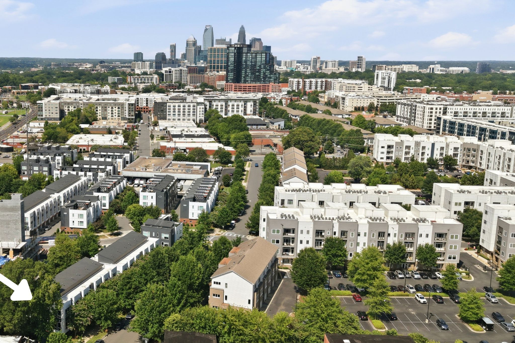 Wide Neighborhood Aerial Looking Toward Uptown Charlotte