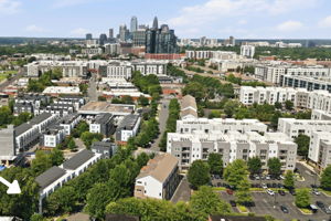 Wide Neighborhood Aerial Looking Toward Uptown Charlotte