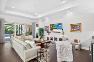 Custom window treatments including motorized window shades, cornices and plantation shutters. Note the crown molding and tray ceiling!