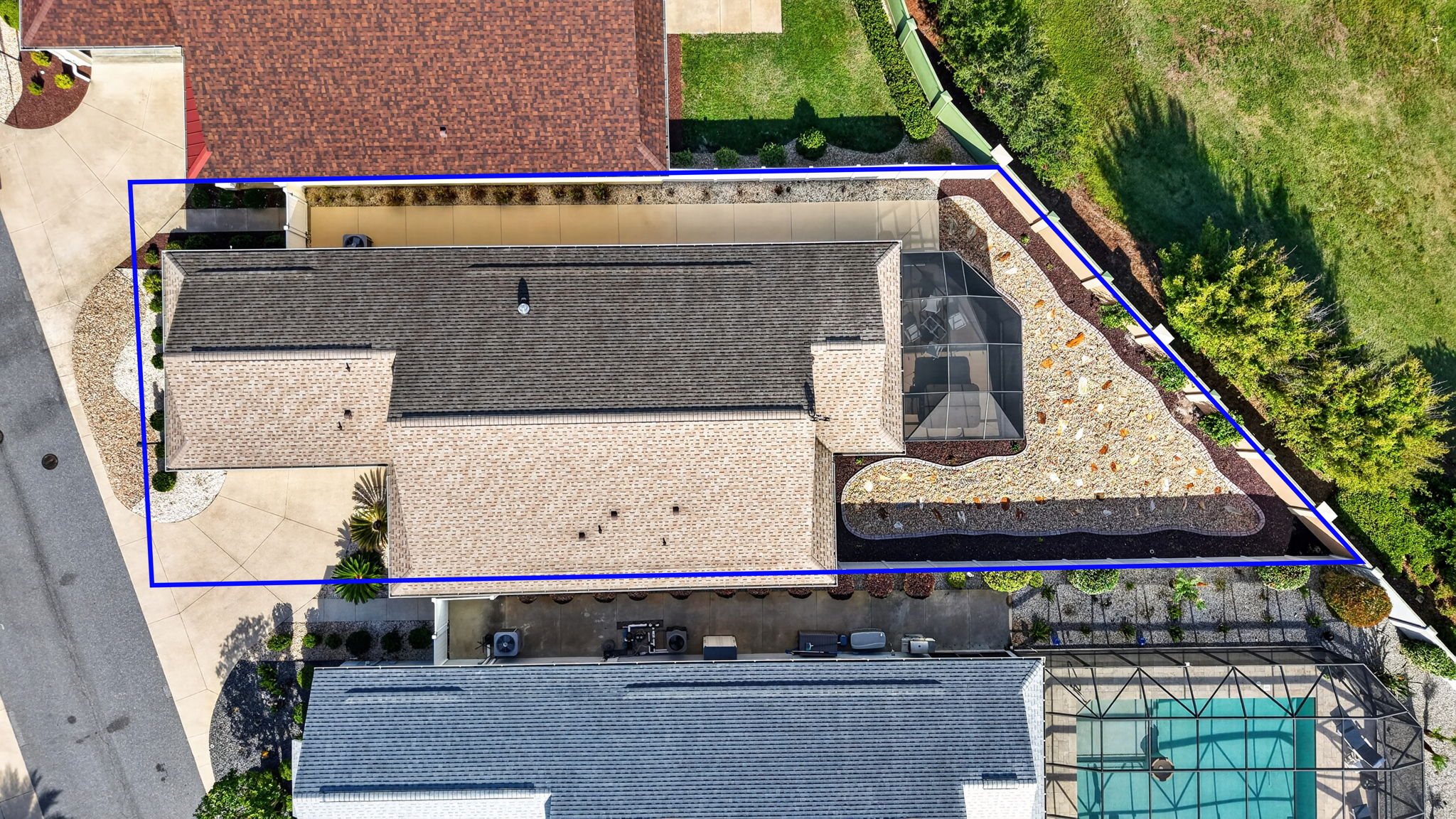 Aerial with Property Lines, Privacy Wall and Fencing, Stoned Landscaping, and ROOM FOR A POOL!