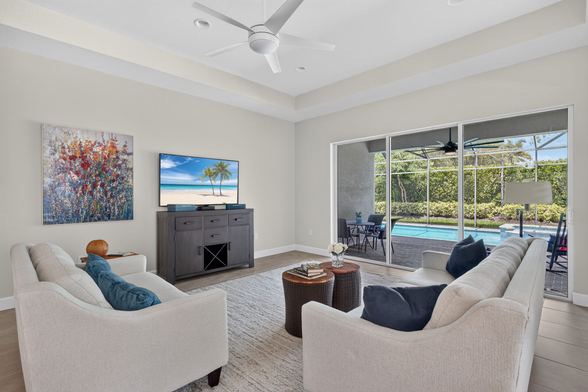 From anywhere in the great room you can enjoy the serenity of the pool and hot tub's water view! Ahh!