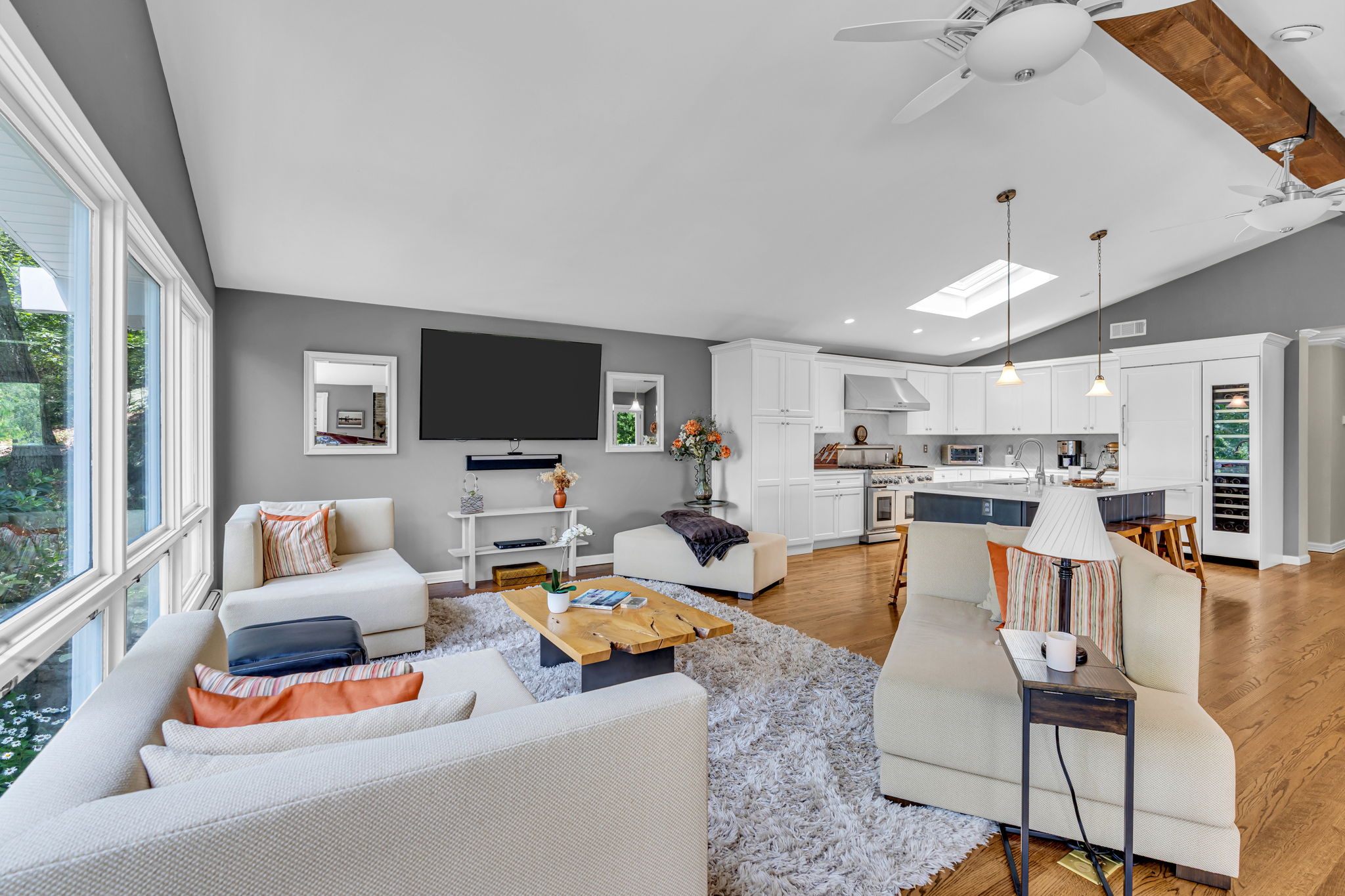 Living room open to kitchen & dining