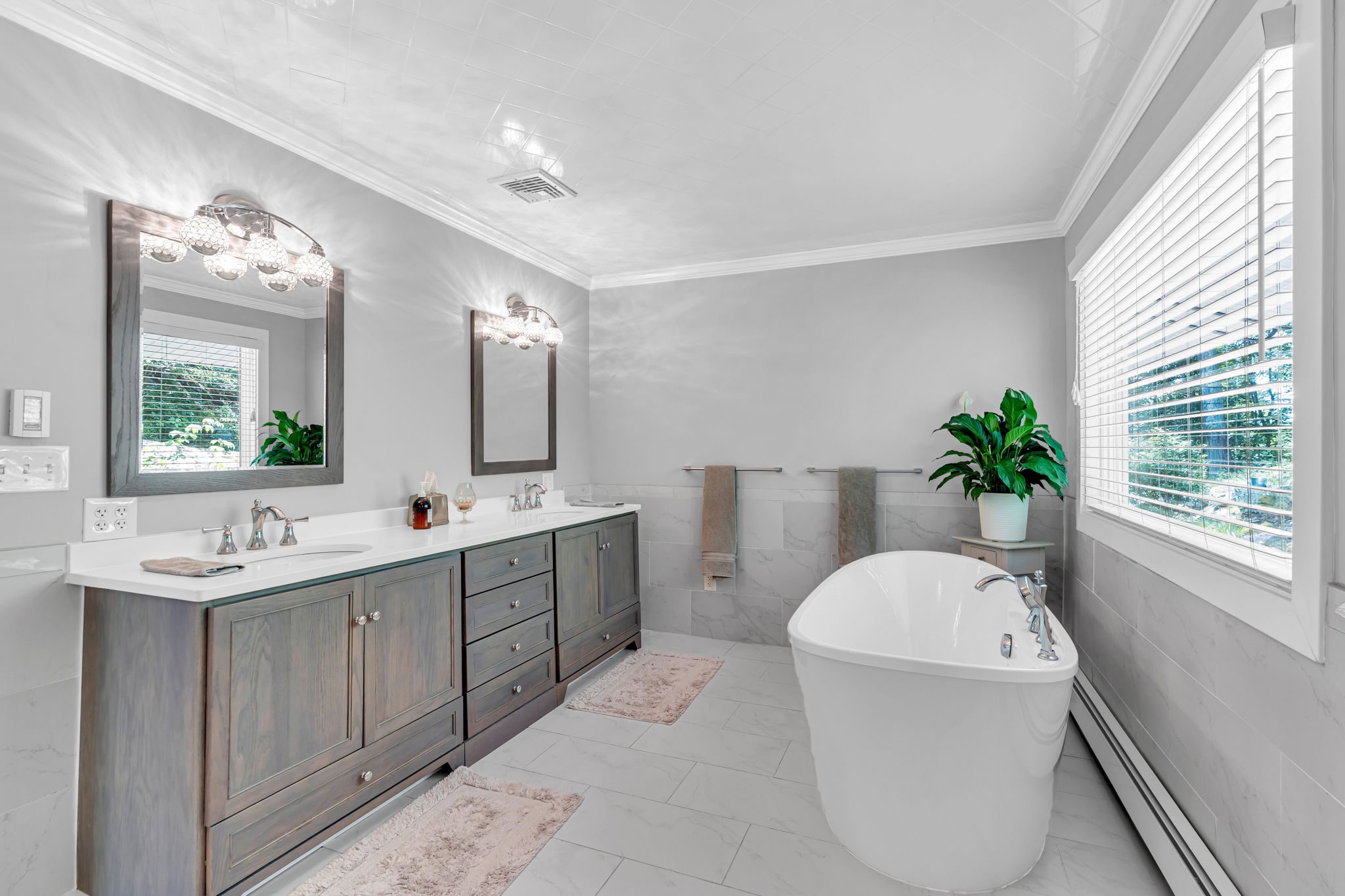 Primary double vanity, solid wood cabinetry