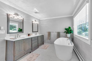 Primary double vanity, solid wood cabinetry