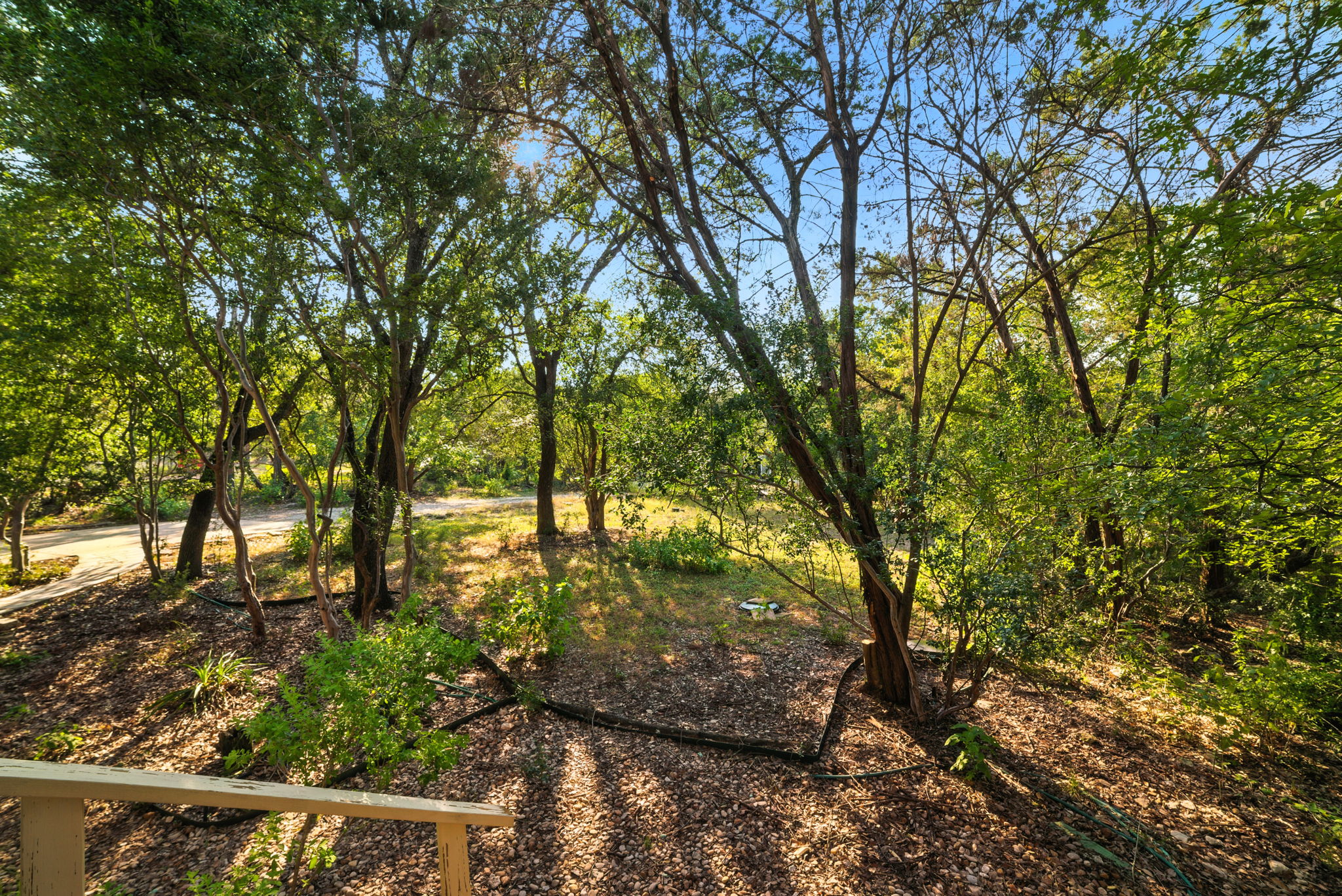 From the side of the property, tree-lined views stretch across the .68-acre lot, offering both beauty and seclusion. The natural setting highlights the home’s private retreat feel while still being close to Lake Austin and within highly rated Eanes ISD.