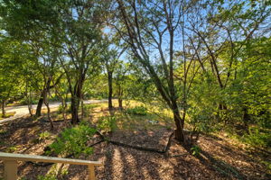 From the side of the property, tree-lined views stretch across the .68-acre lot, offering both beauty and seclusion. The natural setting highlights the home’s private retreat feel while still being close to Lake Austin and within highly rated Eanes ISD.