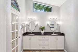 Impressive Primary Bath with custom vanity and soapstone counters. Looks and feels like a spa!!