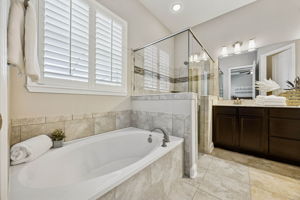 ... and the glass-enclosed walk-in shower with tile surround pairs beautifully with a separate garden tub