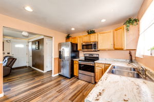 View of the kitchen from the patio doors