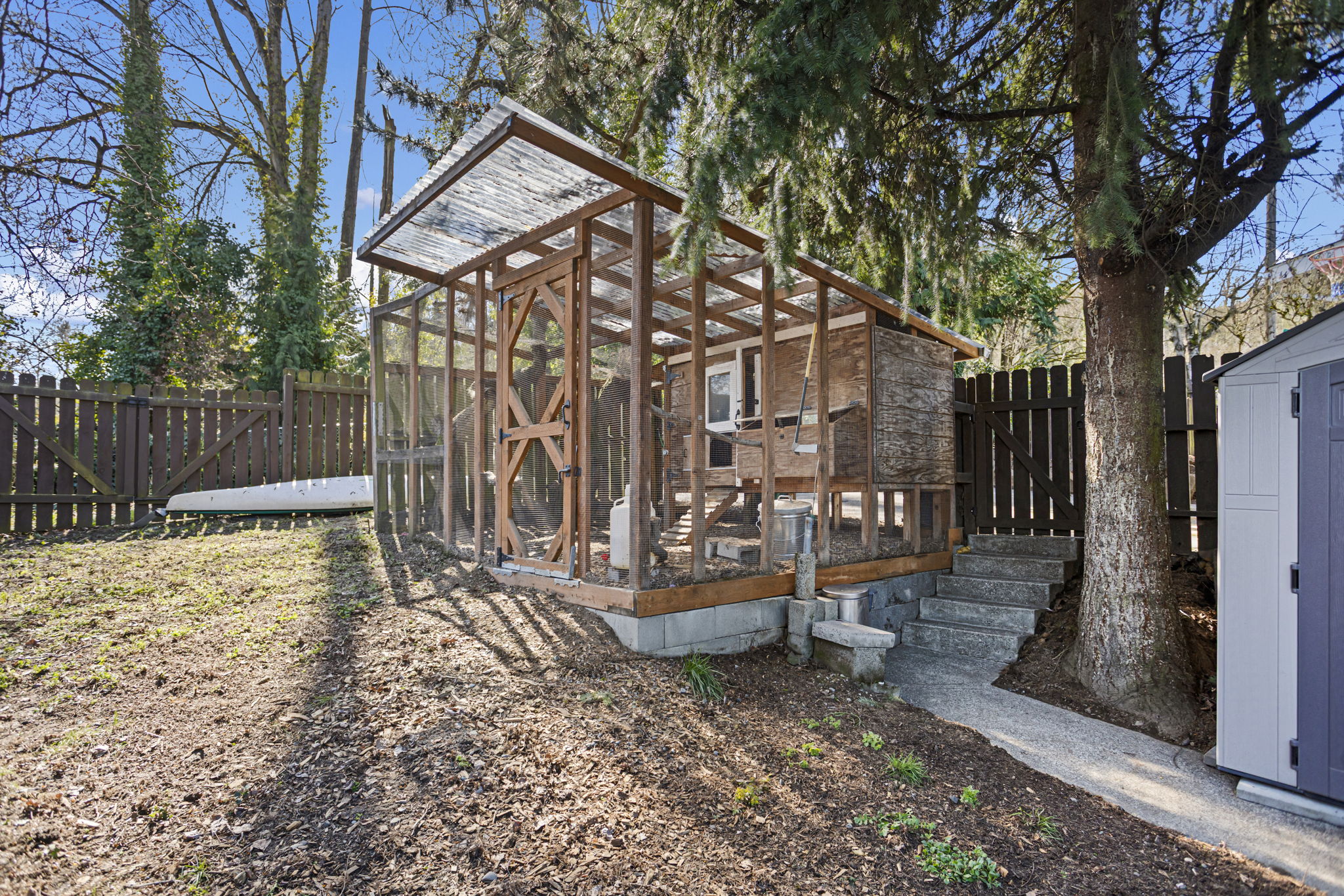 A purpose-built timber-frame chicken coop — concrete base, covered polycarbonate run, two windows on the henhouse. Built right, and it conveys.