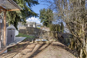 Fresh soil in the raised bed, wire cloche ready, fruit trees just waking up, resin shed to the left. This yard has a head start on the season.