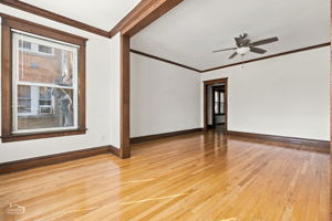First floor living room, natural hardwood floors throughout