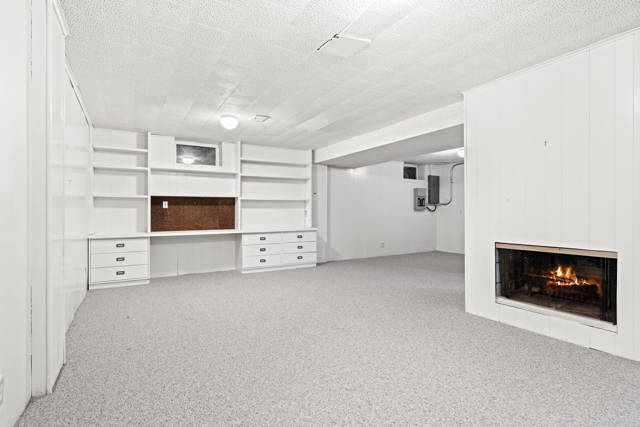 Finished basement. Simulated fire