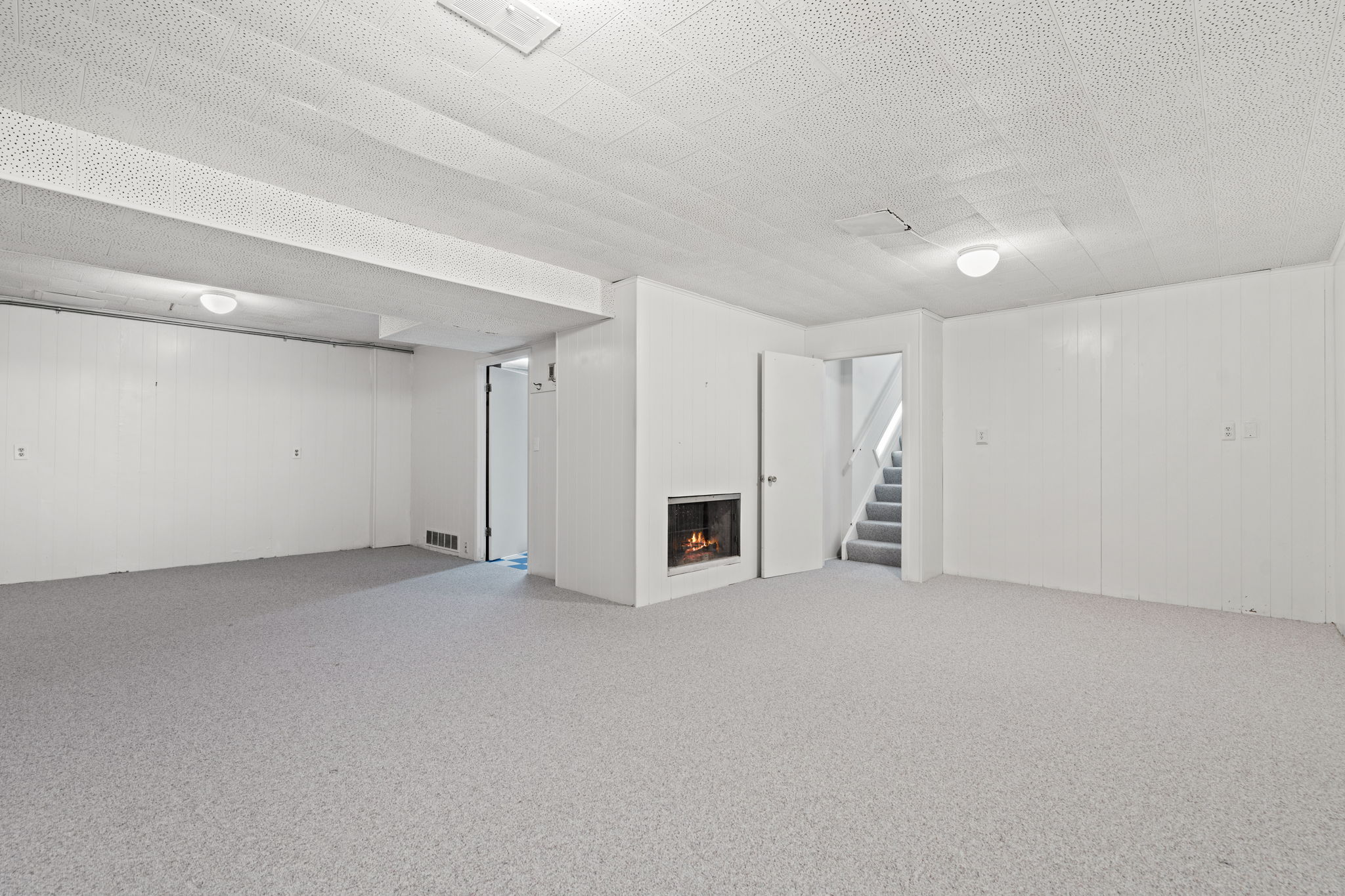 Finished basement. Simulated fire.