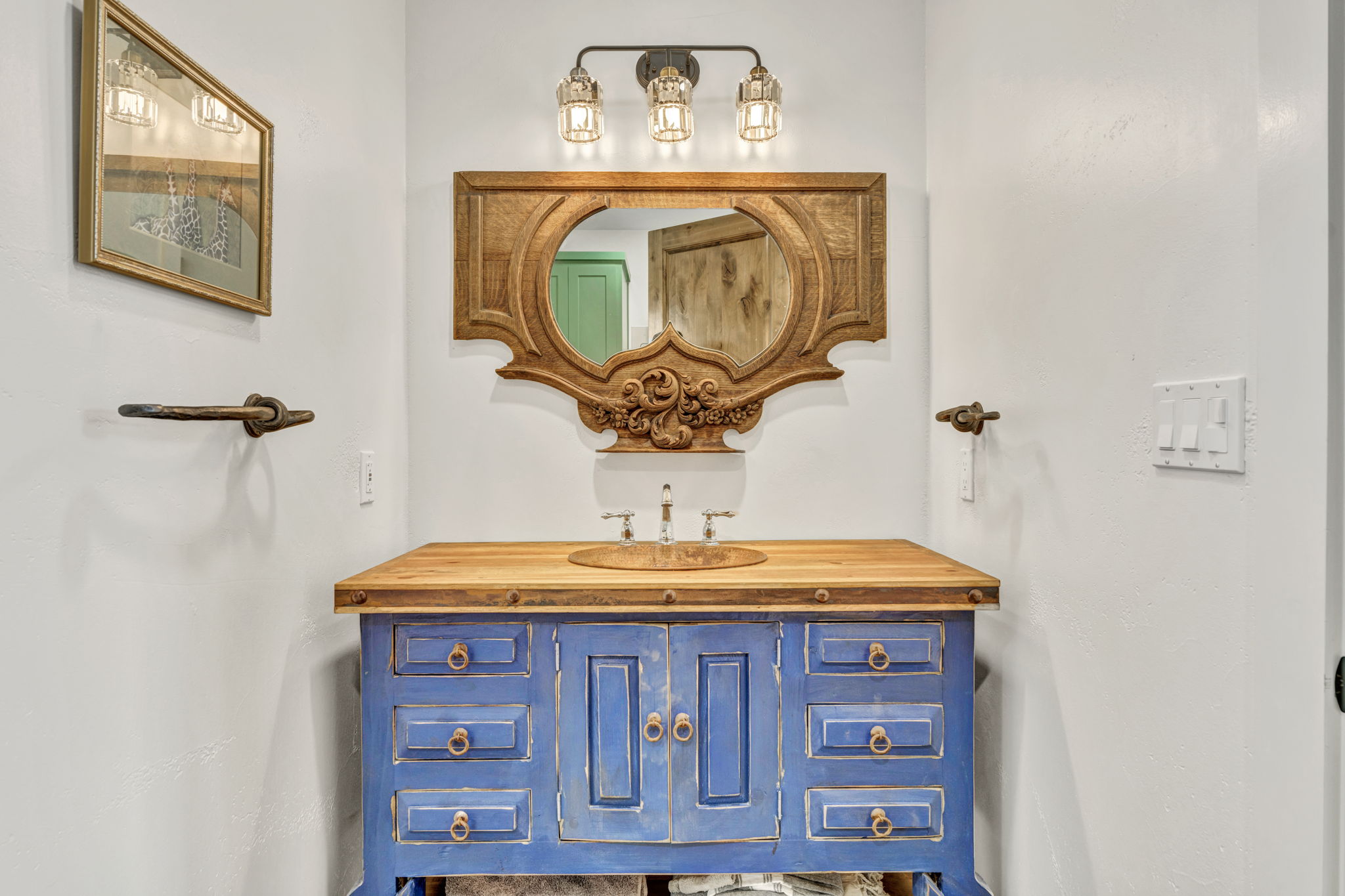 Antique cabinet vanity, copper sink, unique headboard conversion to a mirror...All so Special