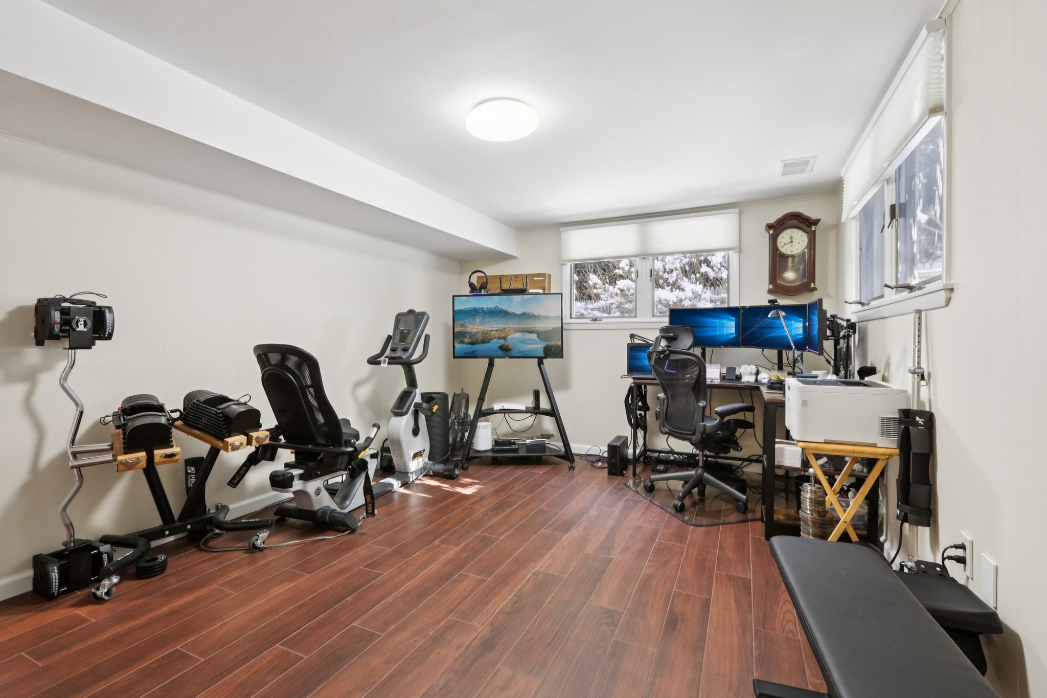 Lower Level 4th BR, currently being used as home gym and home office. Has an en-suite bath, windows to yard, wall A/C stays; floor is wood look tiled.