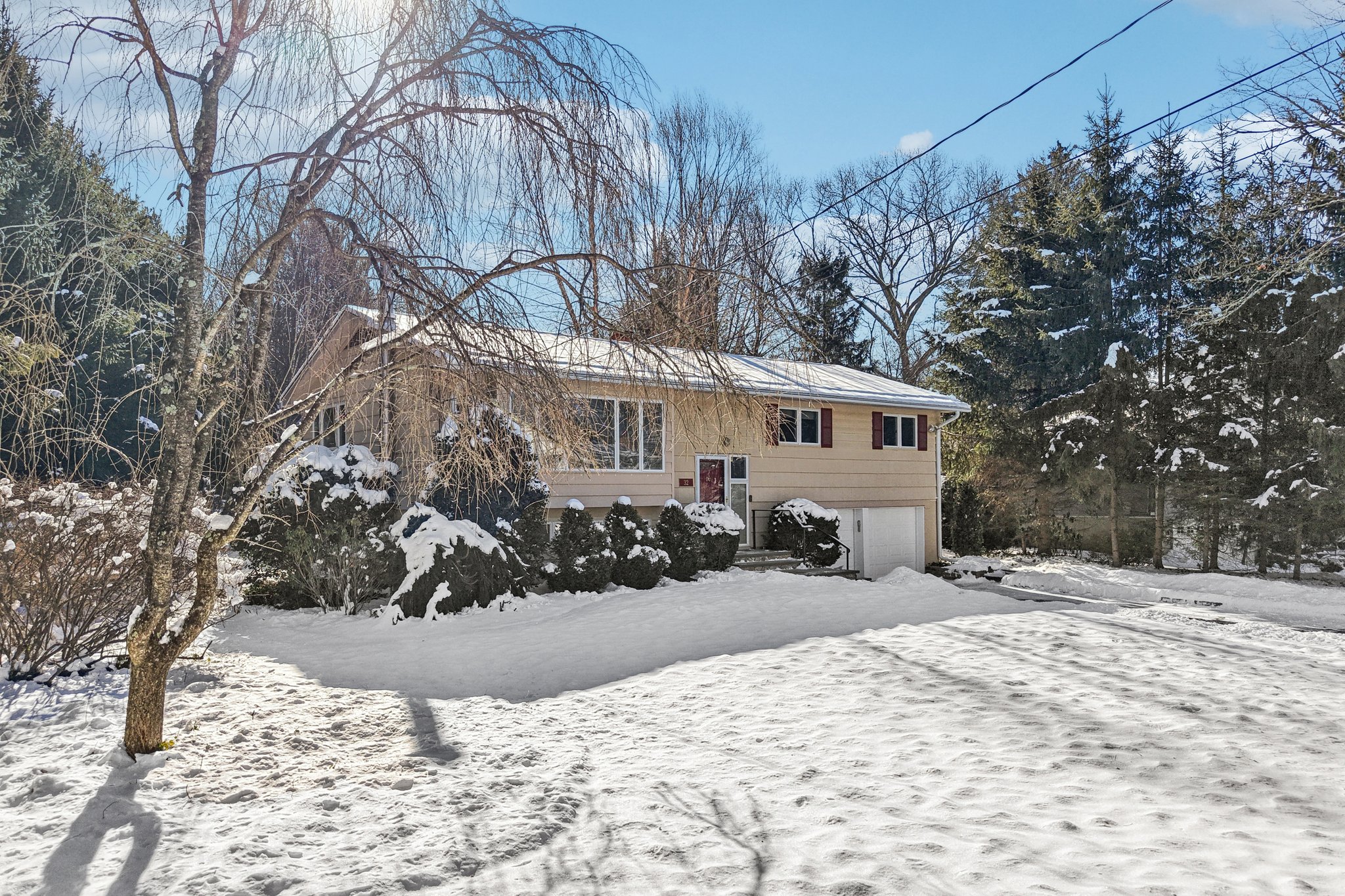 Front yard of the home with a view to the flat area and mature evergreens for privacy.