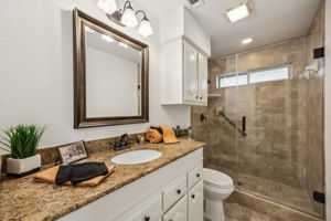 This Impressive Hall Bath also has a designer step in Shower and attractive counter top, mirror and faucet!