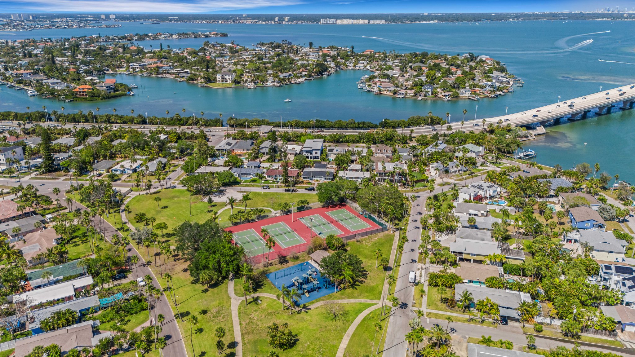 Aerial View of Neighborhood, Park, Intra Coastal Waterways and Bay Way Bridge