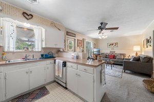 Kitchen is open to the living room at the back of the house.