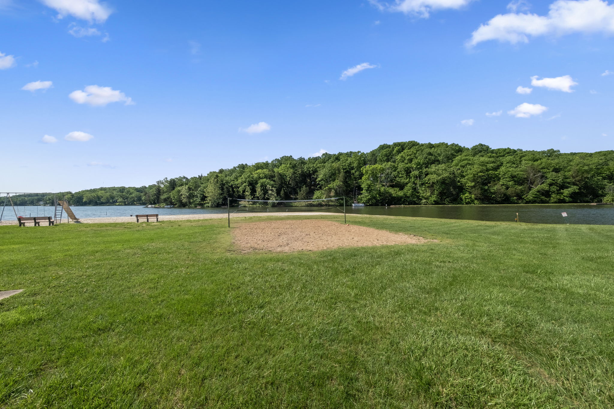 The sand volleyball court is often bustling.