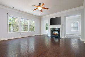 Family Room w Hardwoods & Treelined view.