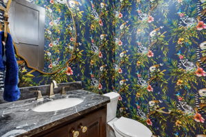 A Powder Bath with Personality – Bold botanical wallpaper, a sculptural mirror, dark stone counter, and warm metal fixtures give this guest bath a memorable, custom-designed look.