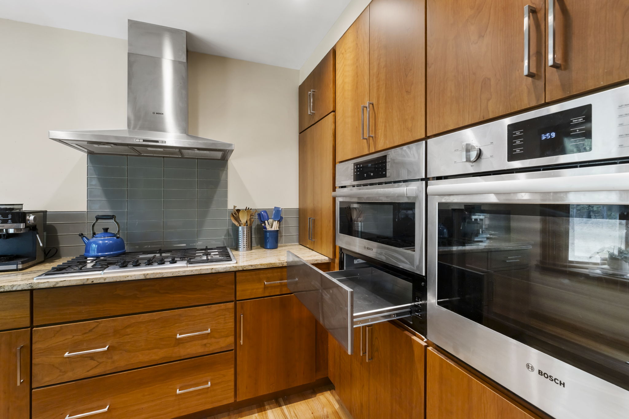 New microwave oven in 2023 and wall mounted oven with warming drawer.