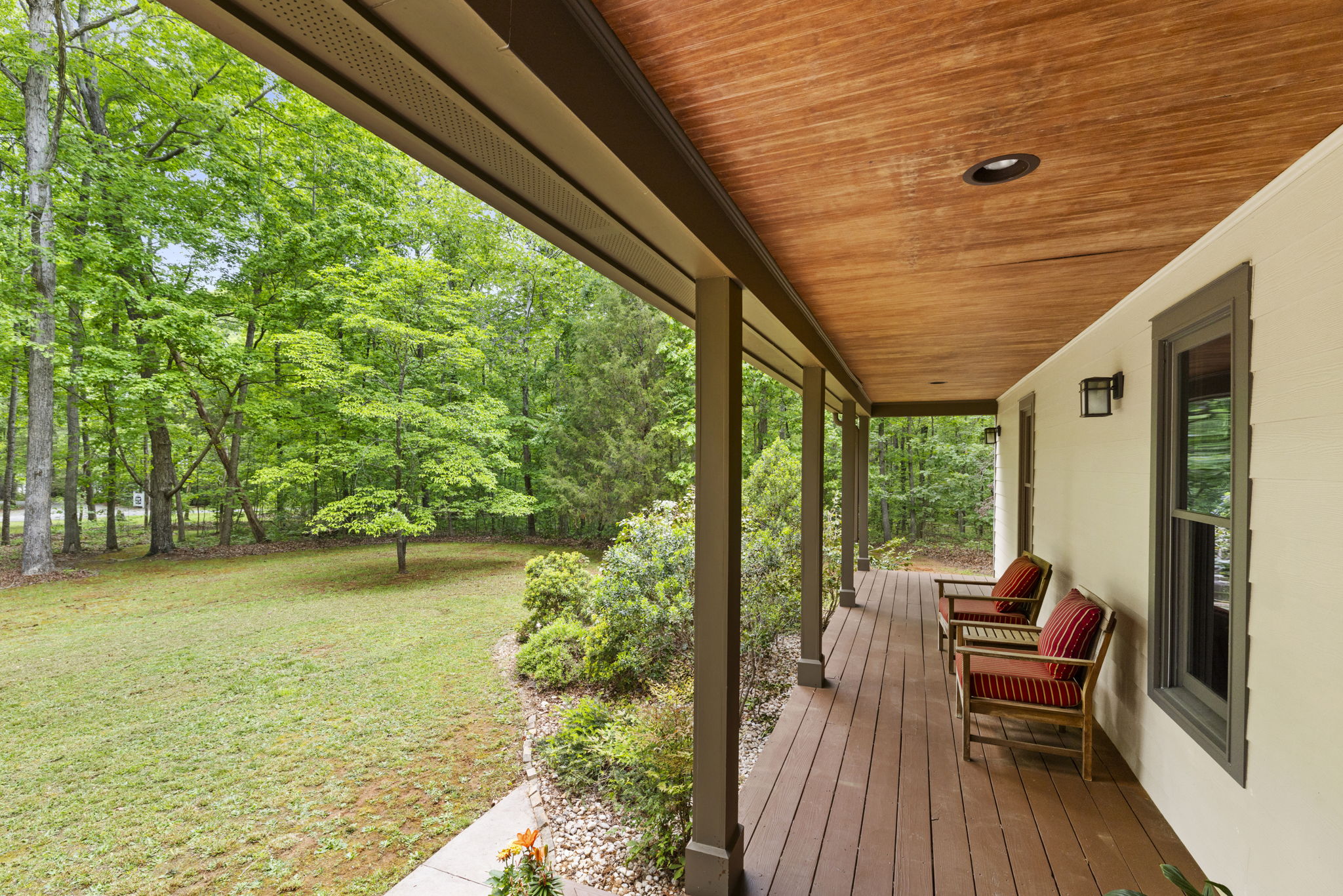 Recessed can lighting on the front porch.