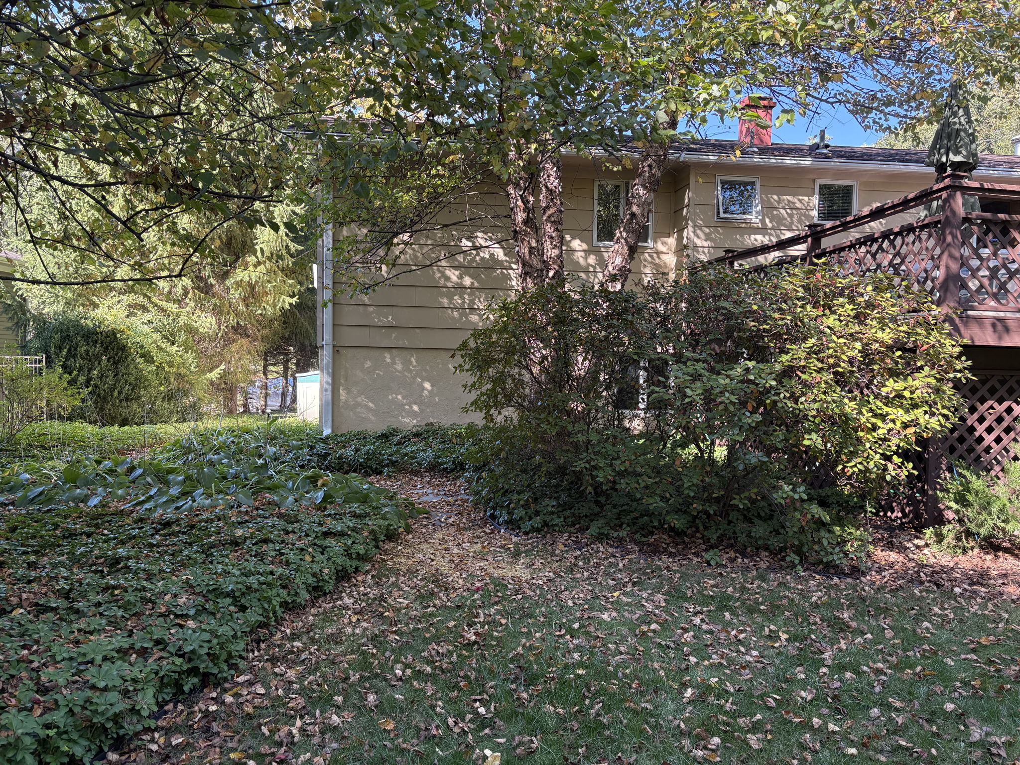 Fall view of the same picture without snow, showing mature trees and level yard.