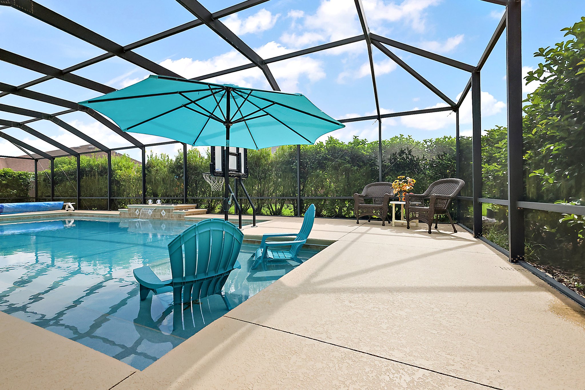 Swimming Pool with Beach Area and Water Fountain