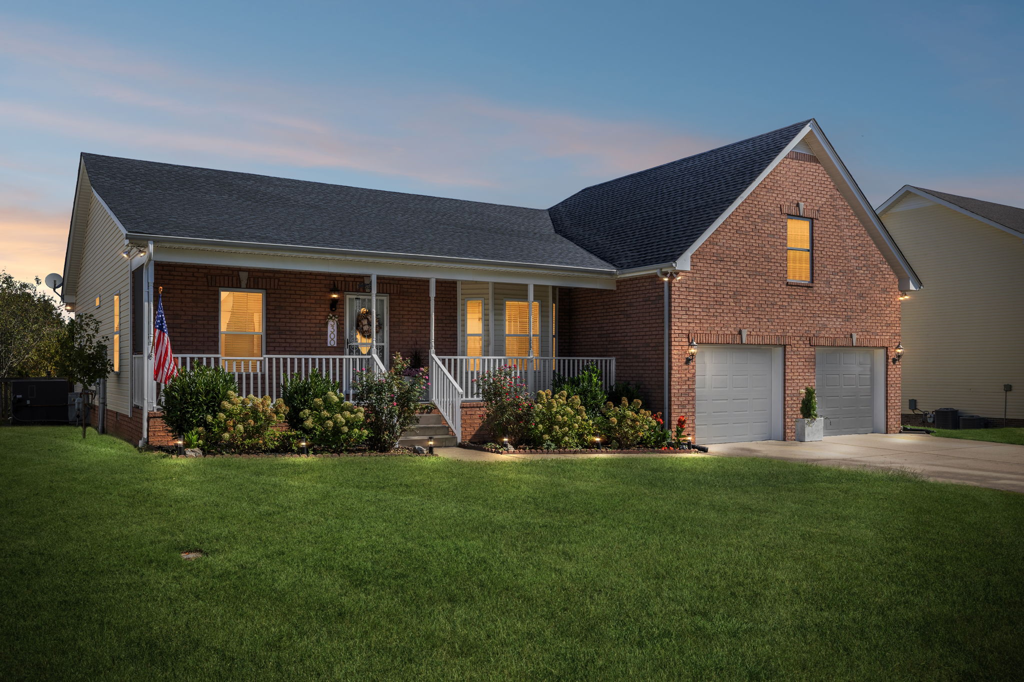 Twilight virtual photo. House faces south.