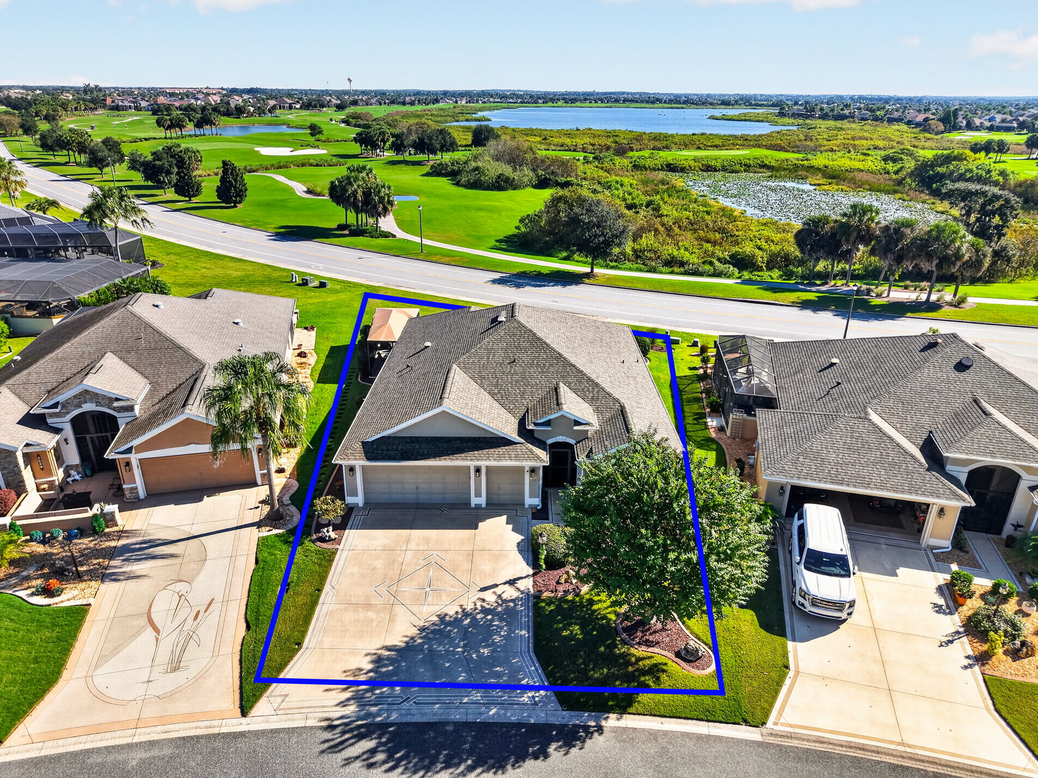 Aerial Front Elevation with Property Lines and Golf and Water Views