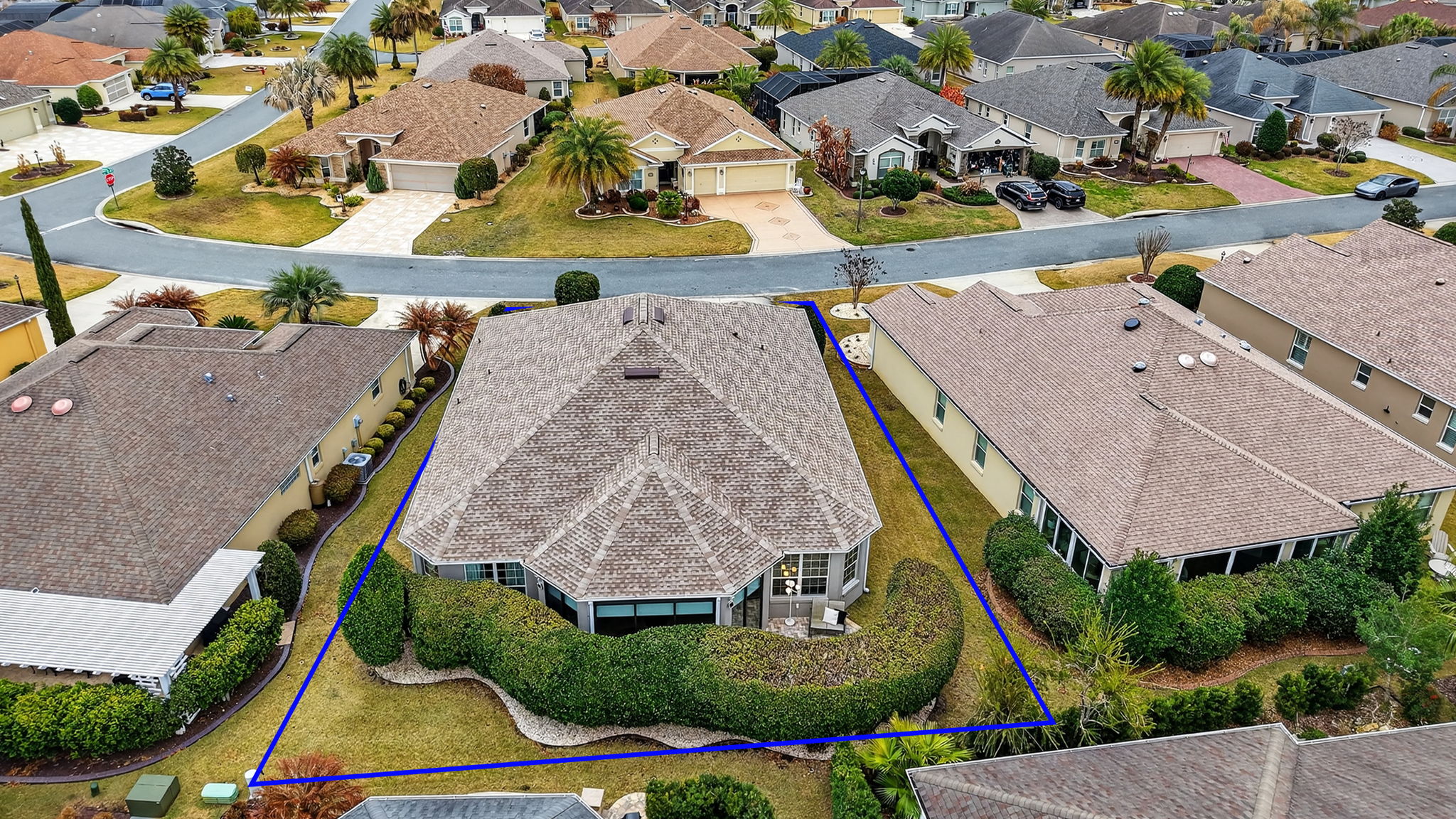 Aerial Rear Elevation with Property Lines, Rear Paver Patio, and Mature Privacy Landscaping