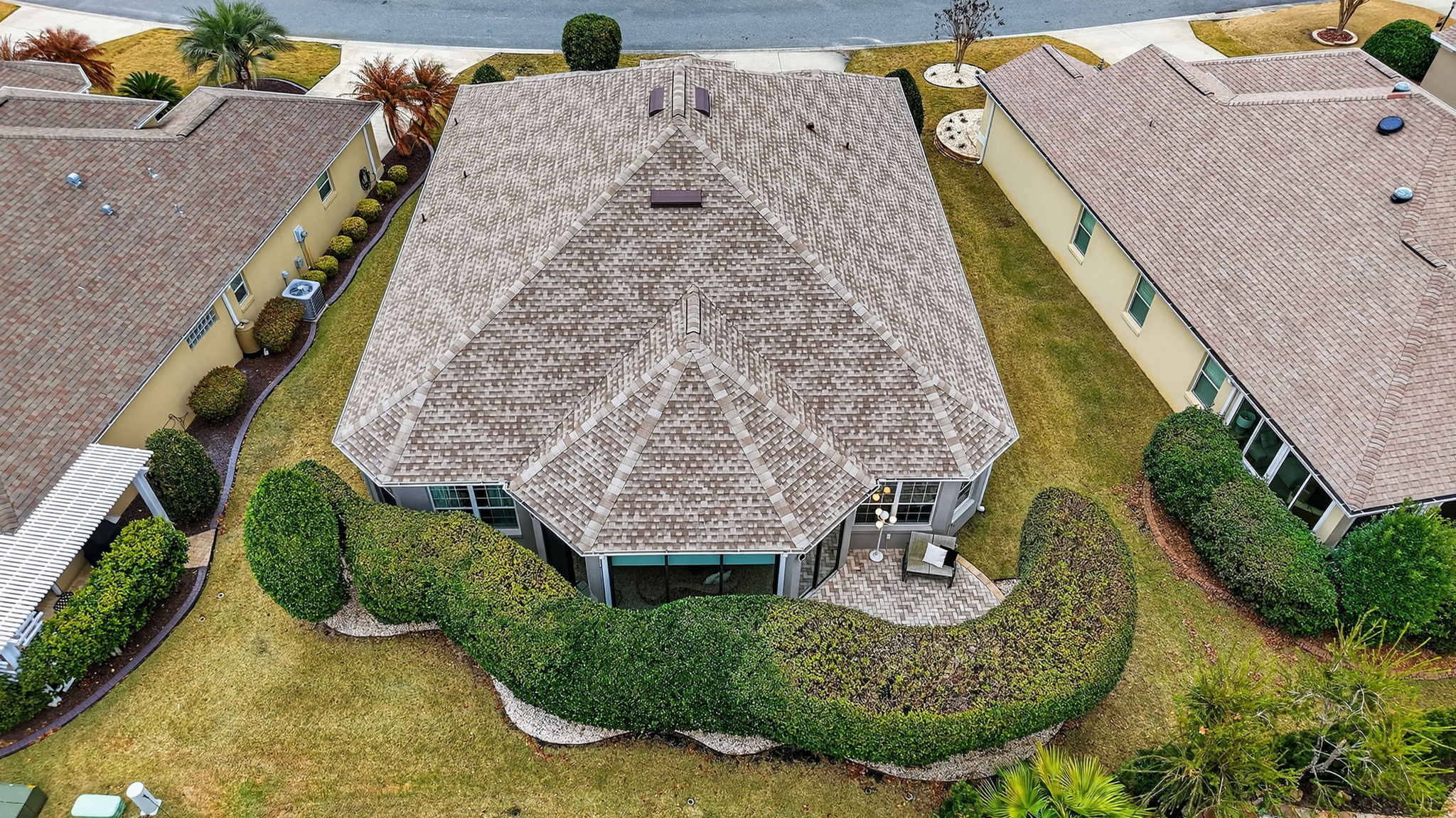 Aerial with Rear Paver Patio and Mature Privacy Landscaping