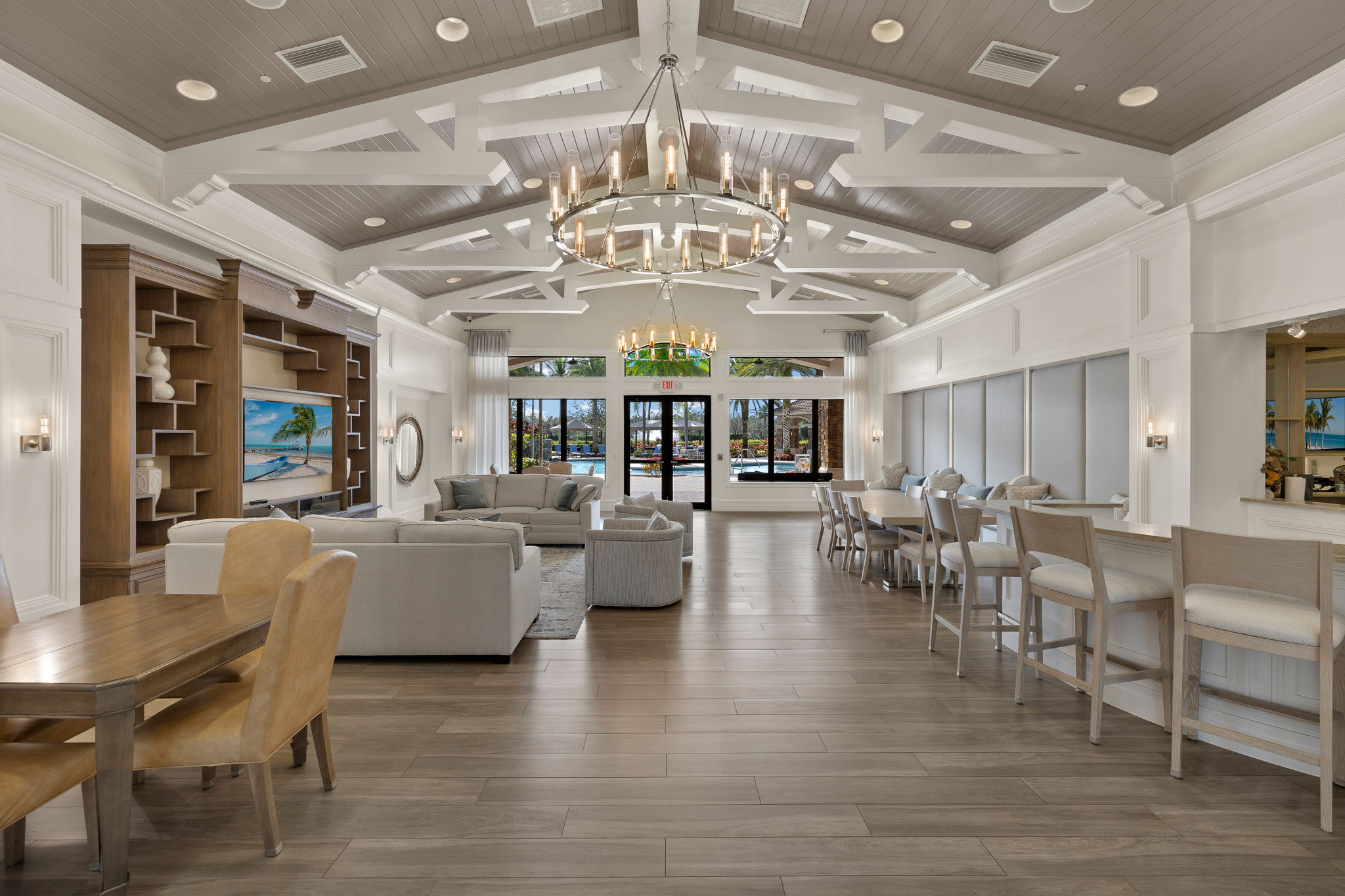 Community room adjoins pool area and features a fireplace and a kitchen!