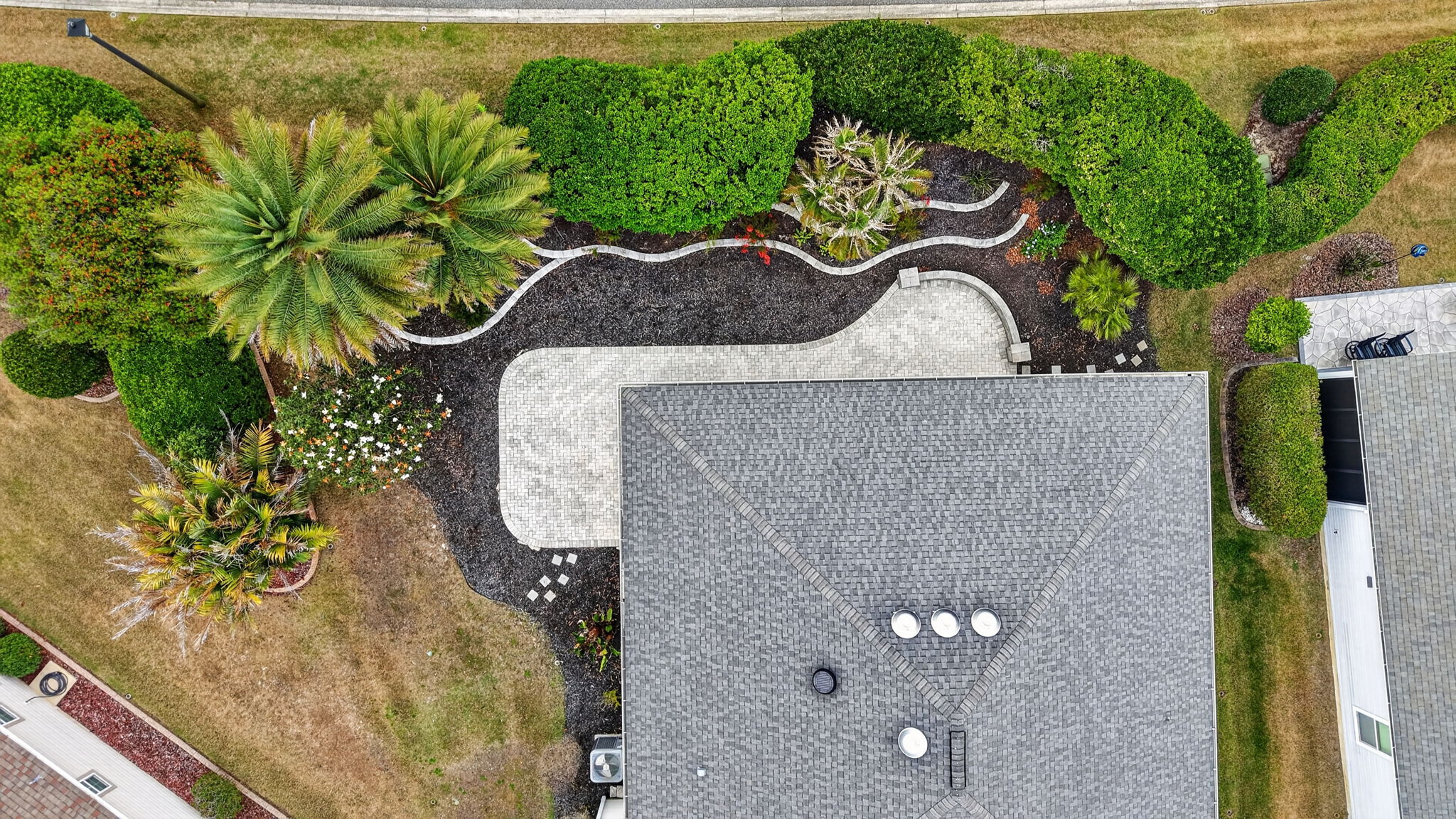 Aerial Front Elevation with REAR HARDSCAPING and PRIVACY LANDSCAPING