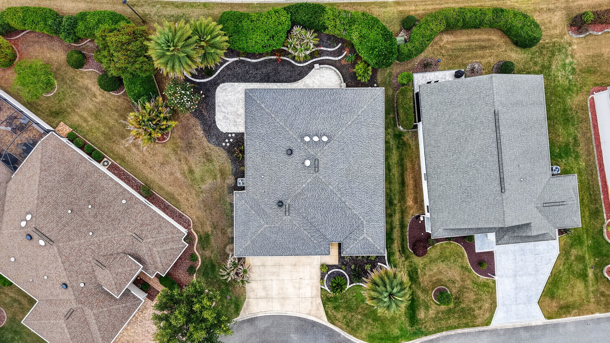 Aerial Front Elevation with REAR HARDSCAPING and PRIVACY LANDSCAPING