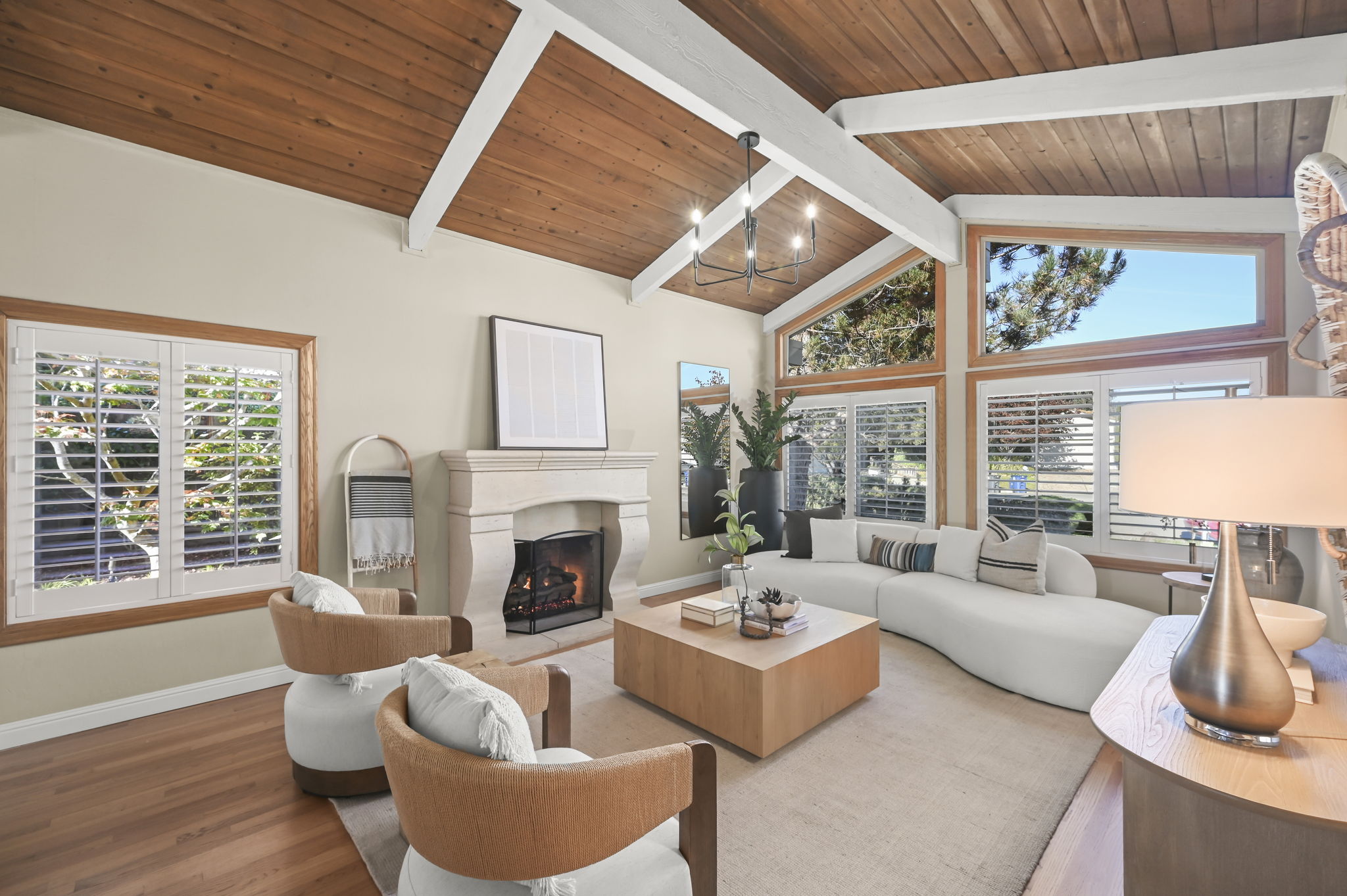 Vaulted open beam ceilings in the living room