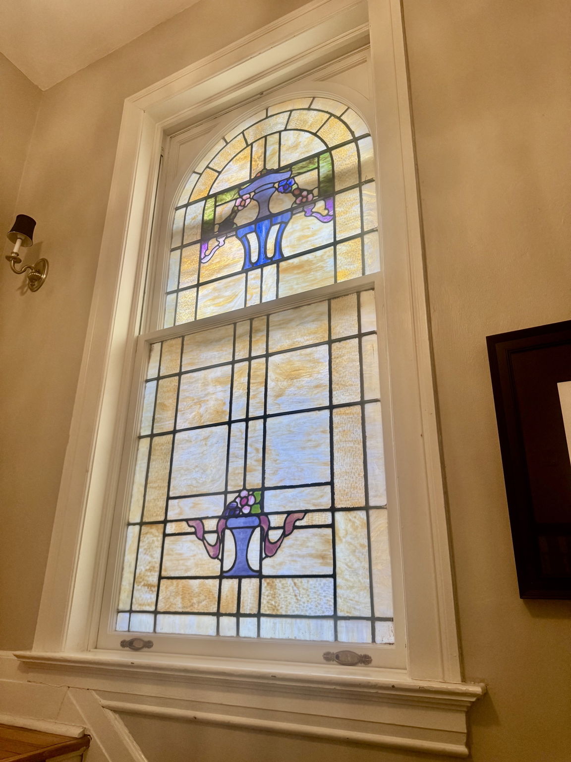 Stairway stain glass at dusk