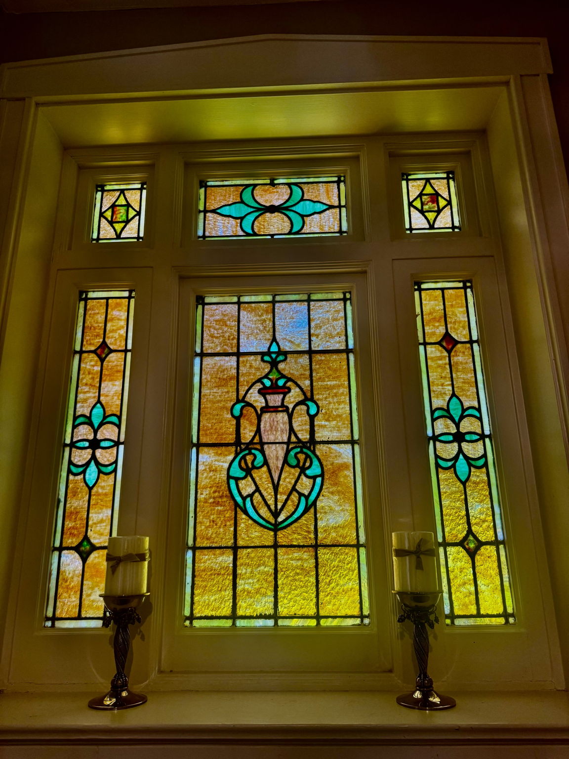 Foyer stain glass at dusk