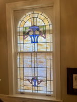 Stairway stain glass at dusk
