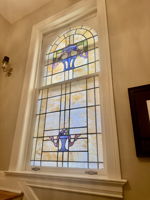 Stairway stain glass at dusk