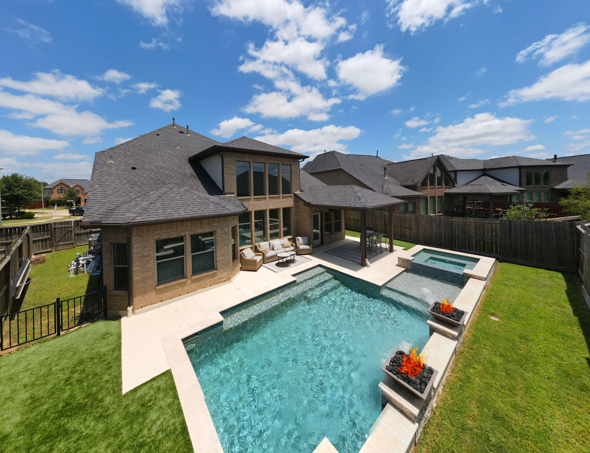 Swim year-around with your heated pool and fire bowls.