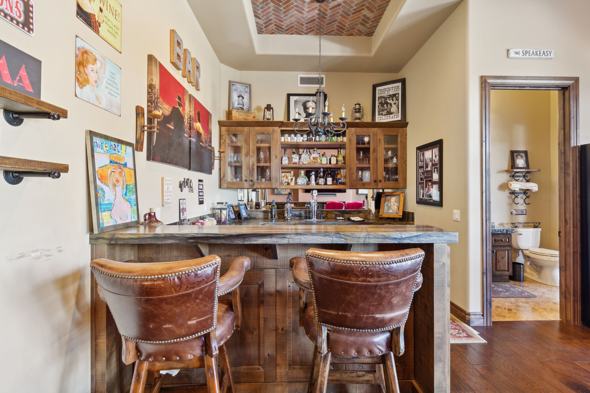 Brick accents on ceiling