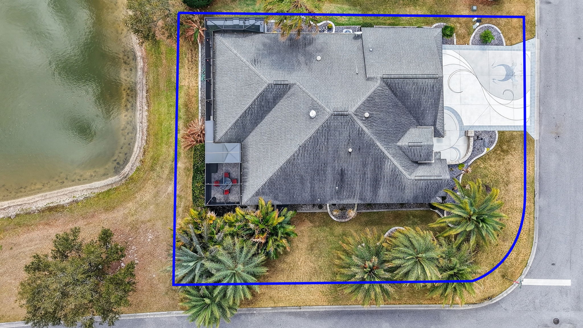 Aerial with Property Lines of Large Corner Lot