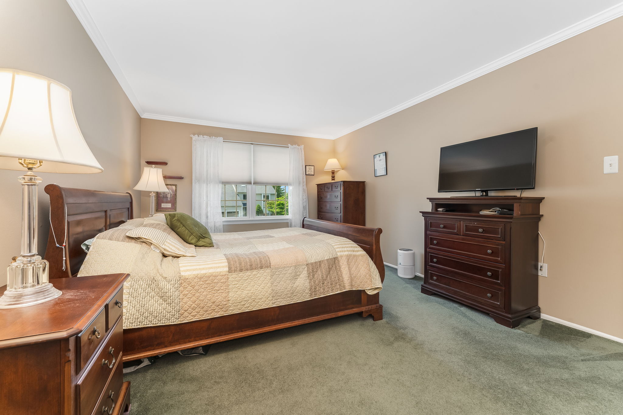 Primary Bedroom Crown moulding, dressing area with walk-in closet, neutral carpet