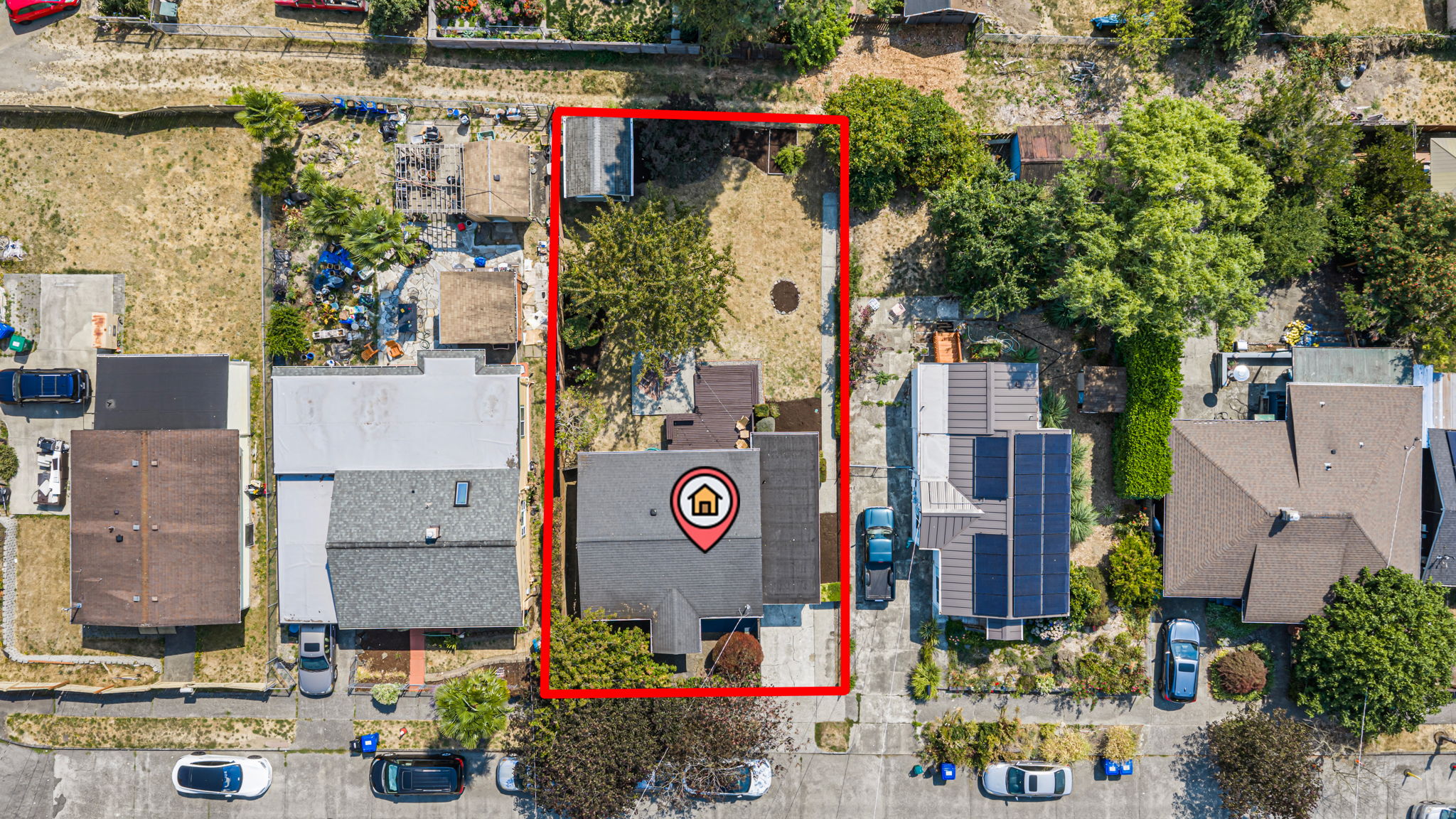 From directly overhead, the ownership proposition is obvious: a compact house occupying only part of its 5,000-SF lot, with most of the lot still open behind it. Future DADU? Buyer to verify future development possibilities under current code to their satisfaction.