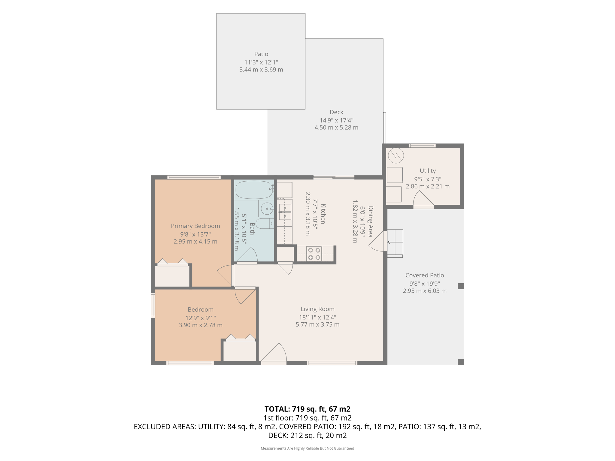One level, front to back: two bedrooms and bath off the living room, kitchen/dining opening to the deck and yard, with the separate laundry/storage room and attached carport just beyond. 720 SF per tax records; floor-plan dimensions are approximate.