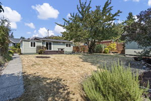 From the far end, the scale finally registers: a broad south-facing yard stretching out from the house and deck, with light lasting into the evening and a vacated alley behind adding extra buffer and privacy.
